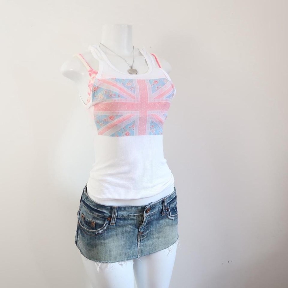 y2k union jack floral graphic tank top ribbed fitted cami - Picture 7 of 7